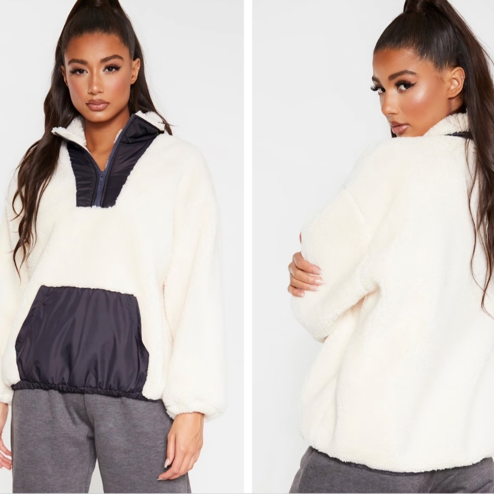 PrettyLittleThing quarter zip fleece cream hoodie size Medium